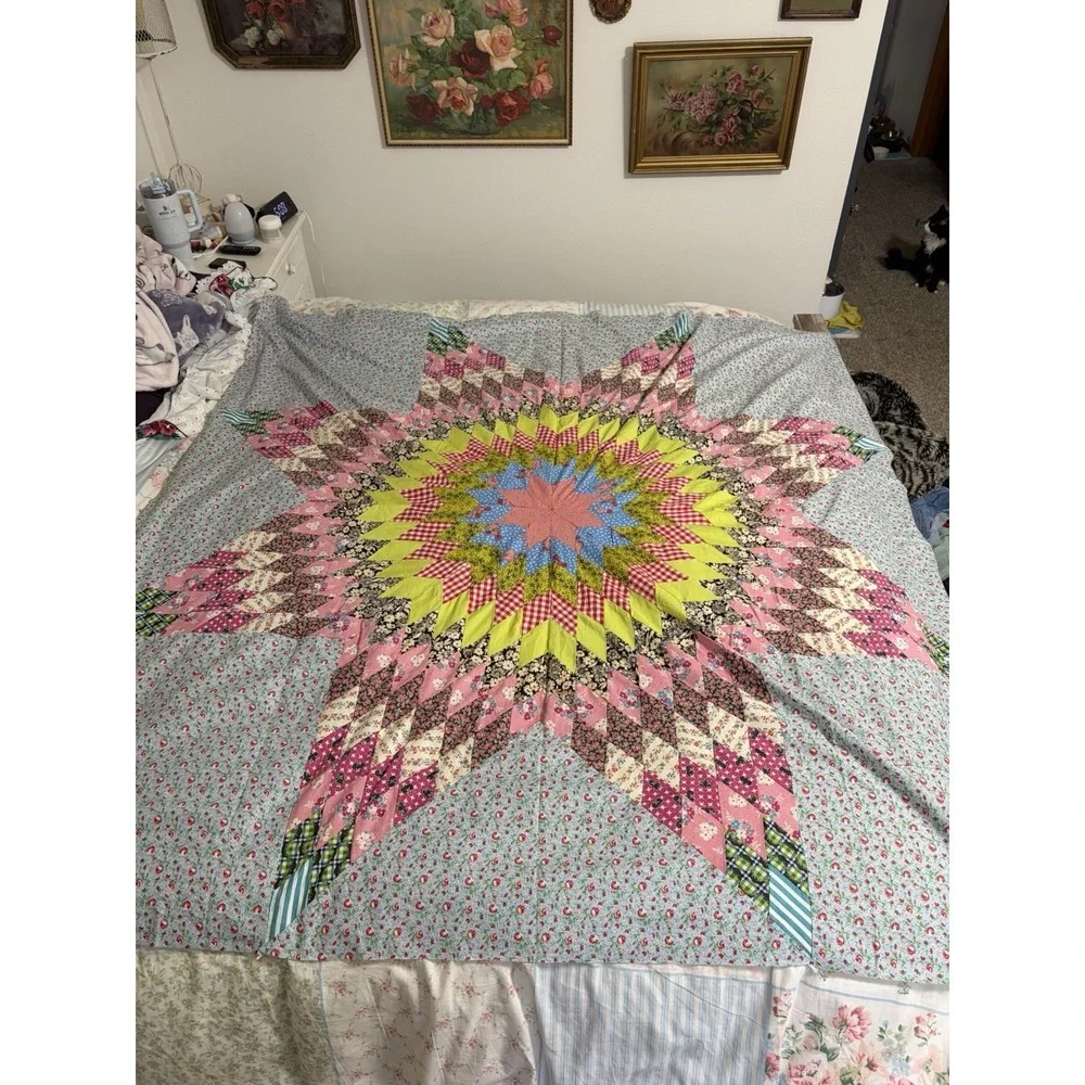 Vintage Handmade Lone Star Quilt Topper Starburst Patchwork Shabby 68x70